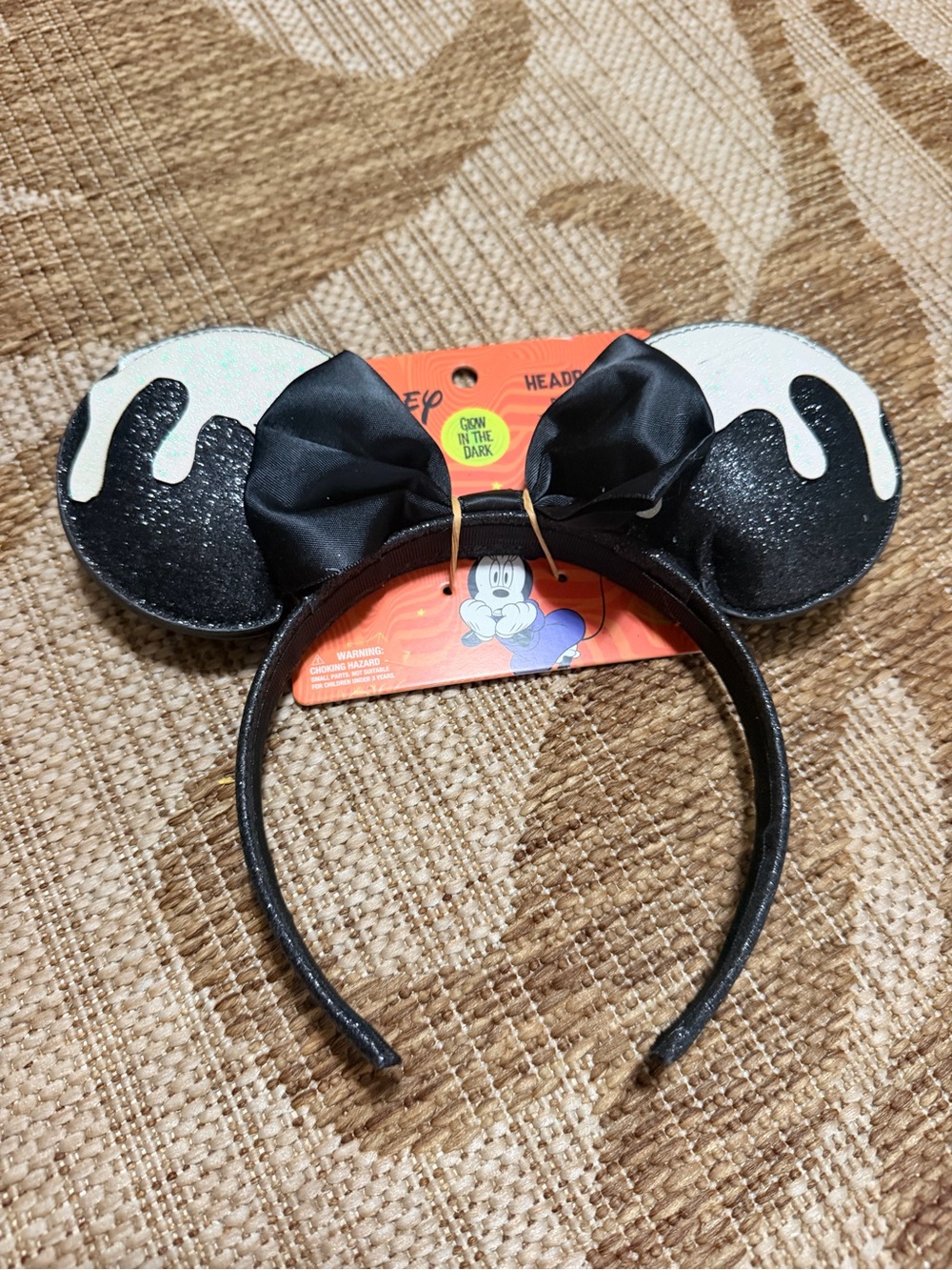 DISNEY Black Minnie Mouse Drip/Slime Ears Headband with Satin Bow -glows in dark